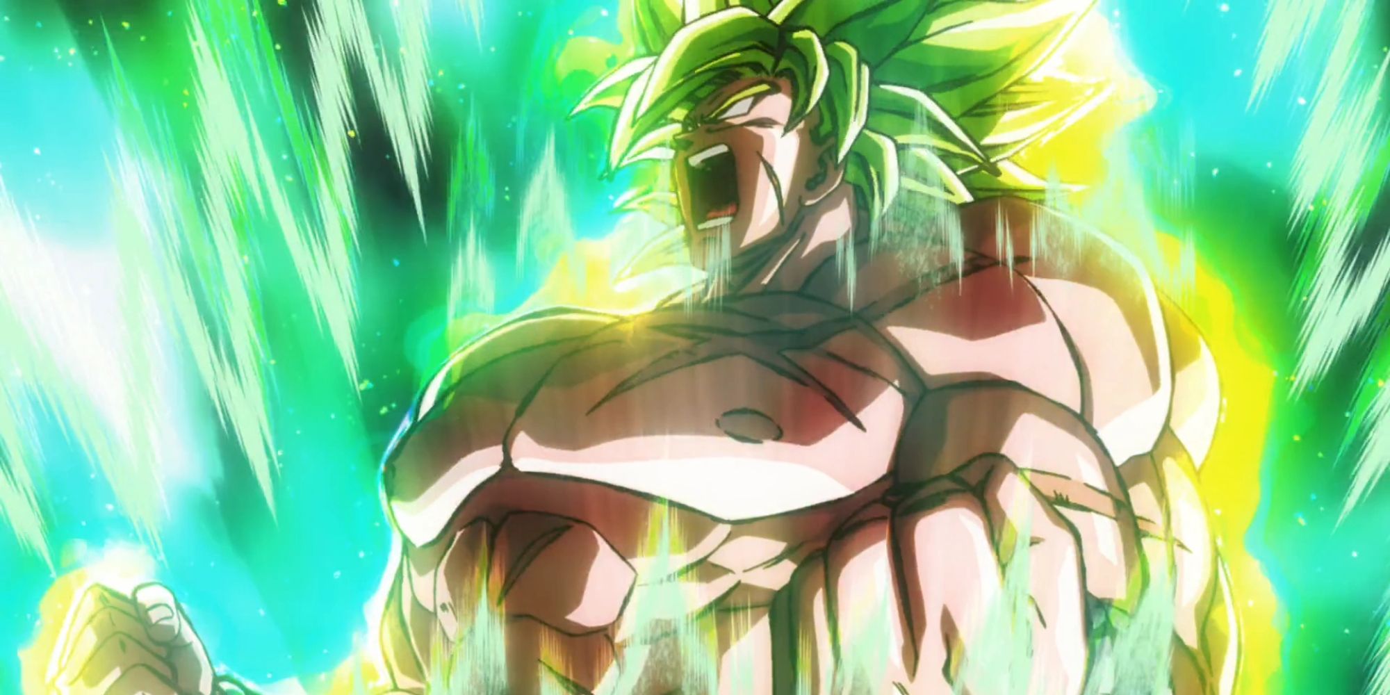 Dragon Ball Super Broly shot of Broly in Legendary Super Saiyan form powering up.