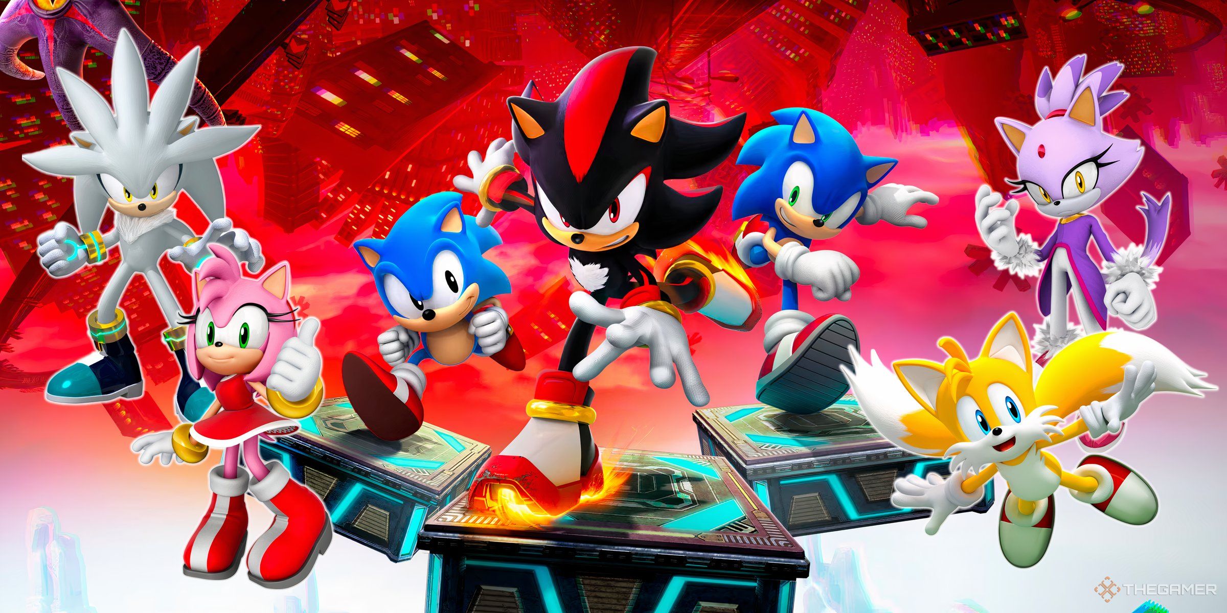 Sonic X Shadow Generations Key Art with Tails, Amy, Silver, and Blaze.