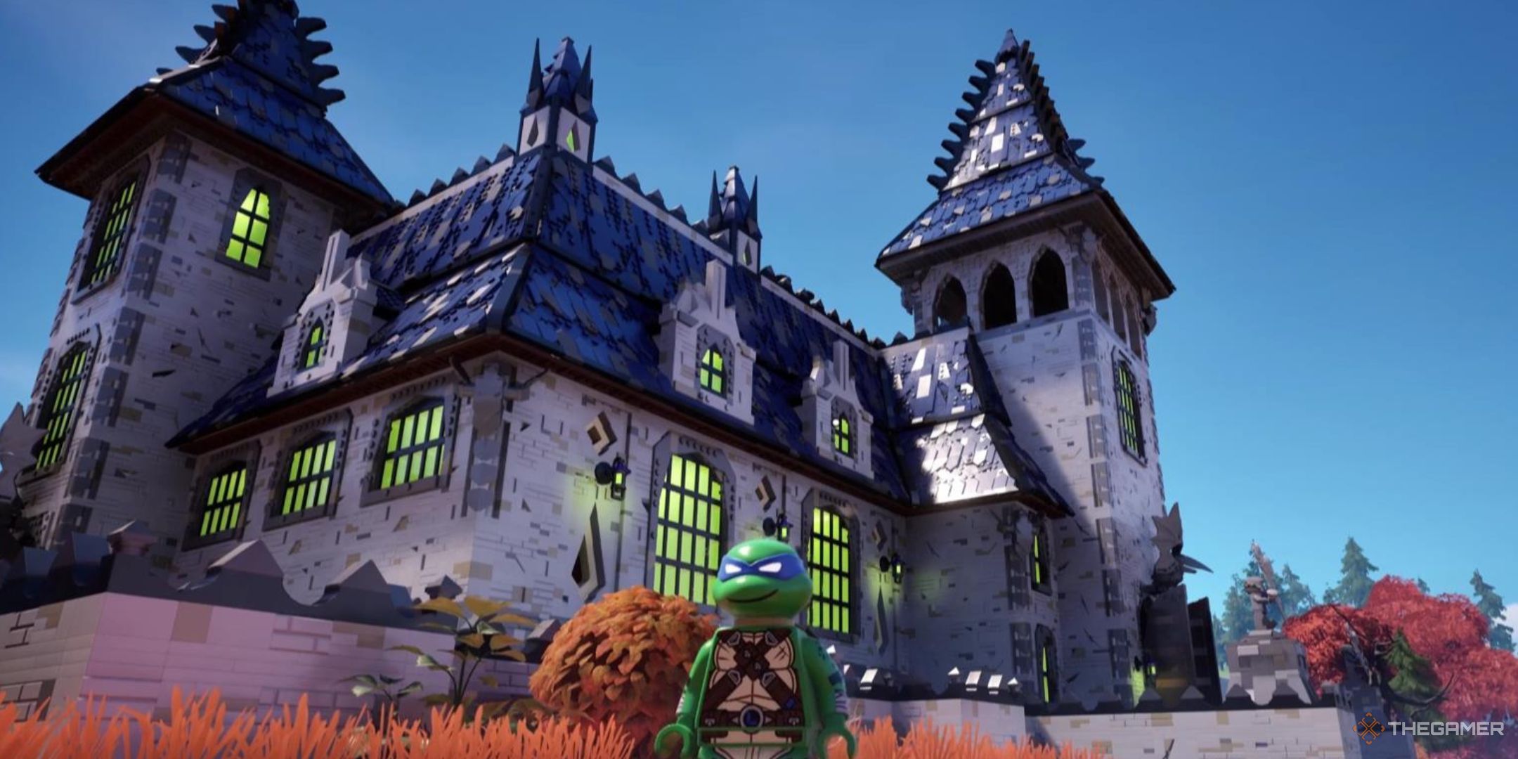 Lego Leonardo stands in front of a Gothic building in Lego Fortnite Brick Life.