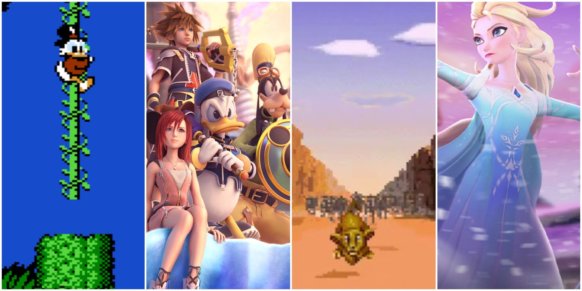 A collage of images from the Disney games Ducktales, The Lion King, Kingdom Hearts 2 and Disney Mirrorverse