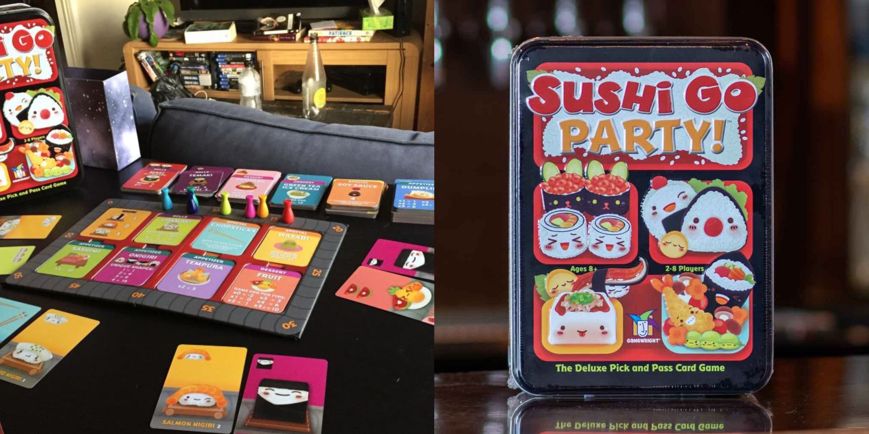 Two side by side shots of Sushi Go Party. 