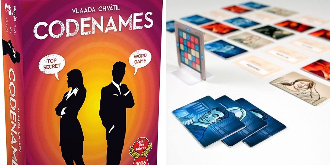 The Codenames box and the cards inside laid out.