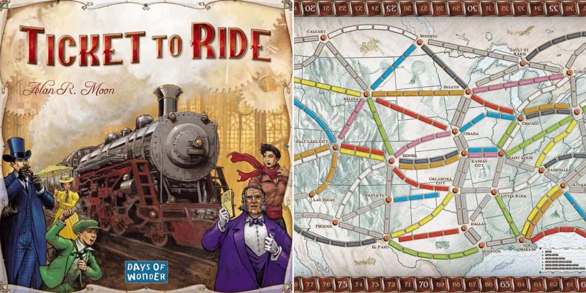 Ticket To Ride box art and board side by side.