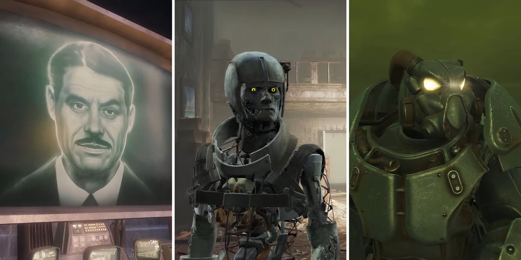 a collage of Mr House, a Synth and Power Armor from fallout.