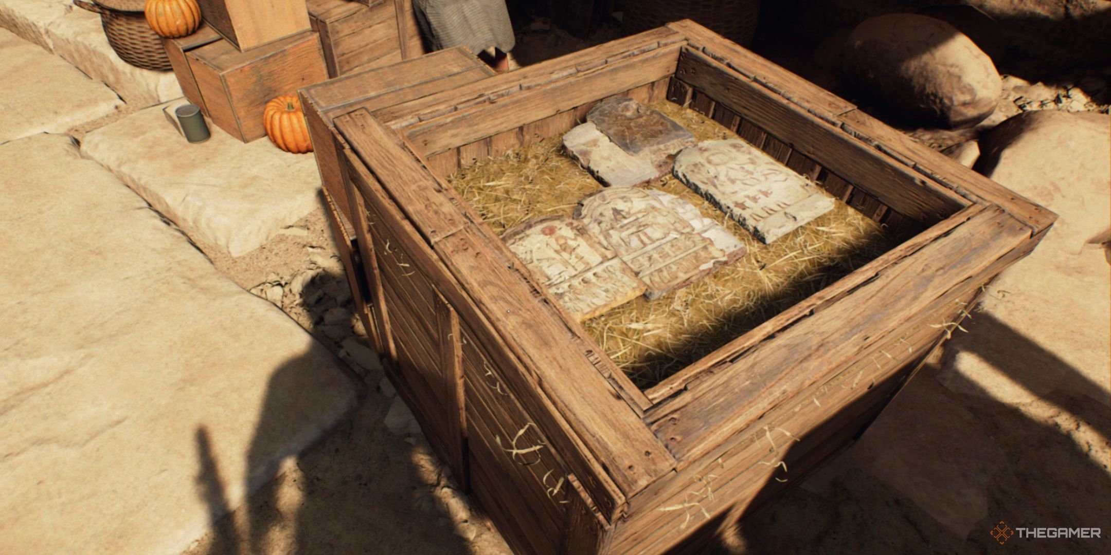 the stelae in a crate bound for the cairo museum in indiana jones and the great circle.