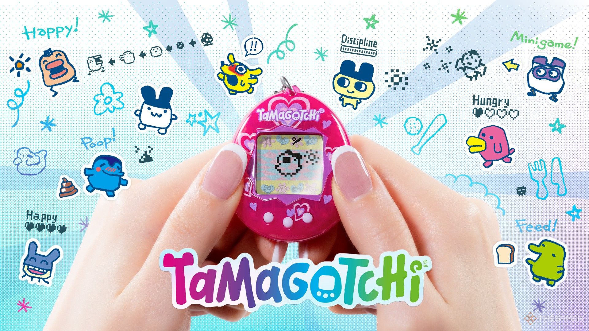 A pair of hands holding a Tamagotchi with several pets in the background.