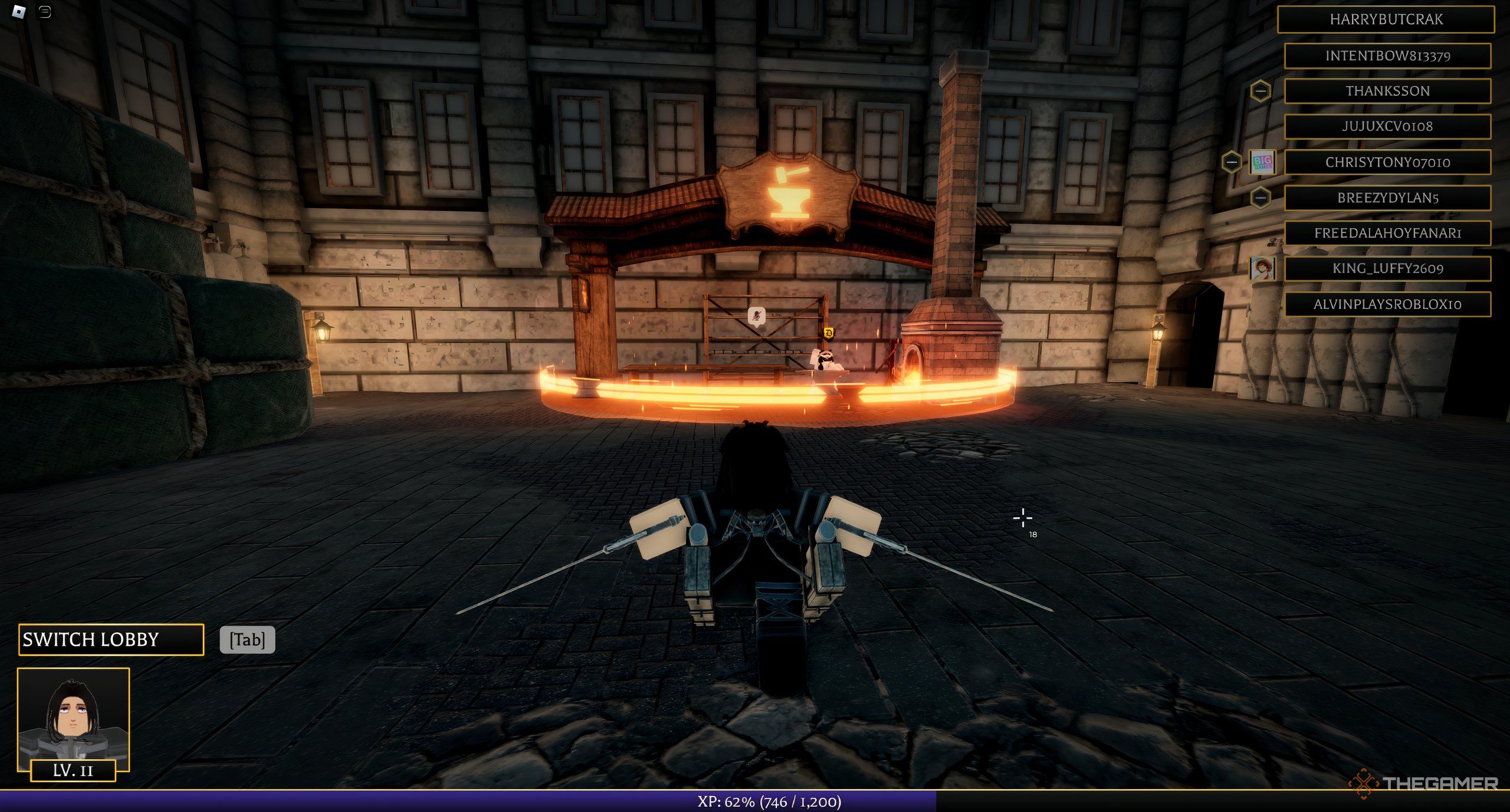 A player in Roblox: Attack on Titan Revolution approaching the blacksmith.