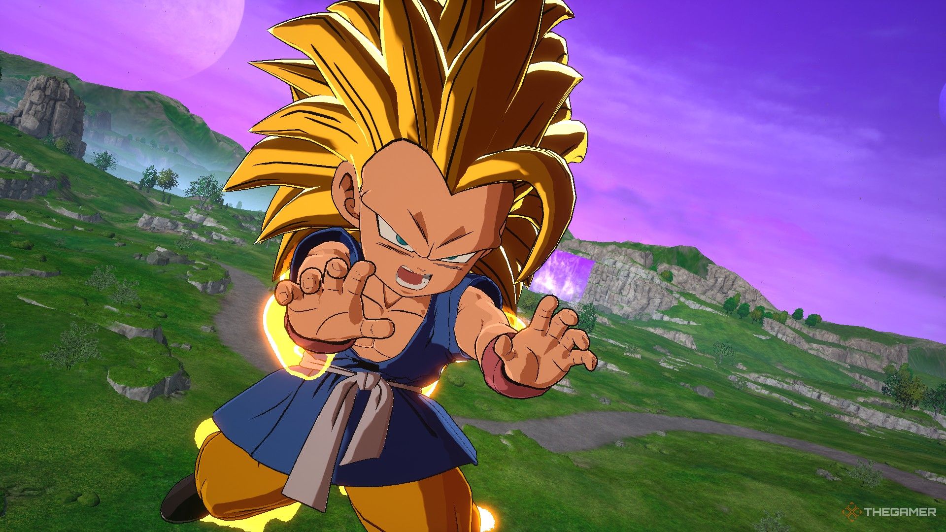 Dragon Ball Sparking Zero image showing Goku from GT as a Super Saiyan 3 about to attack.