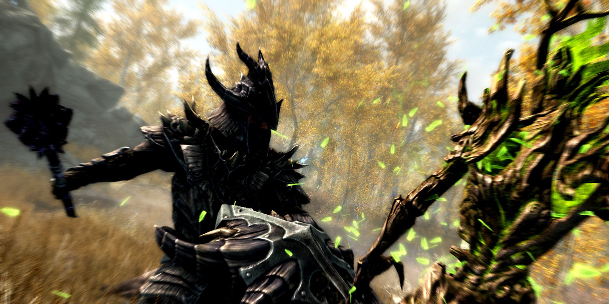 Dragonborn fighting a nature monster in Skyrim.