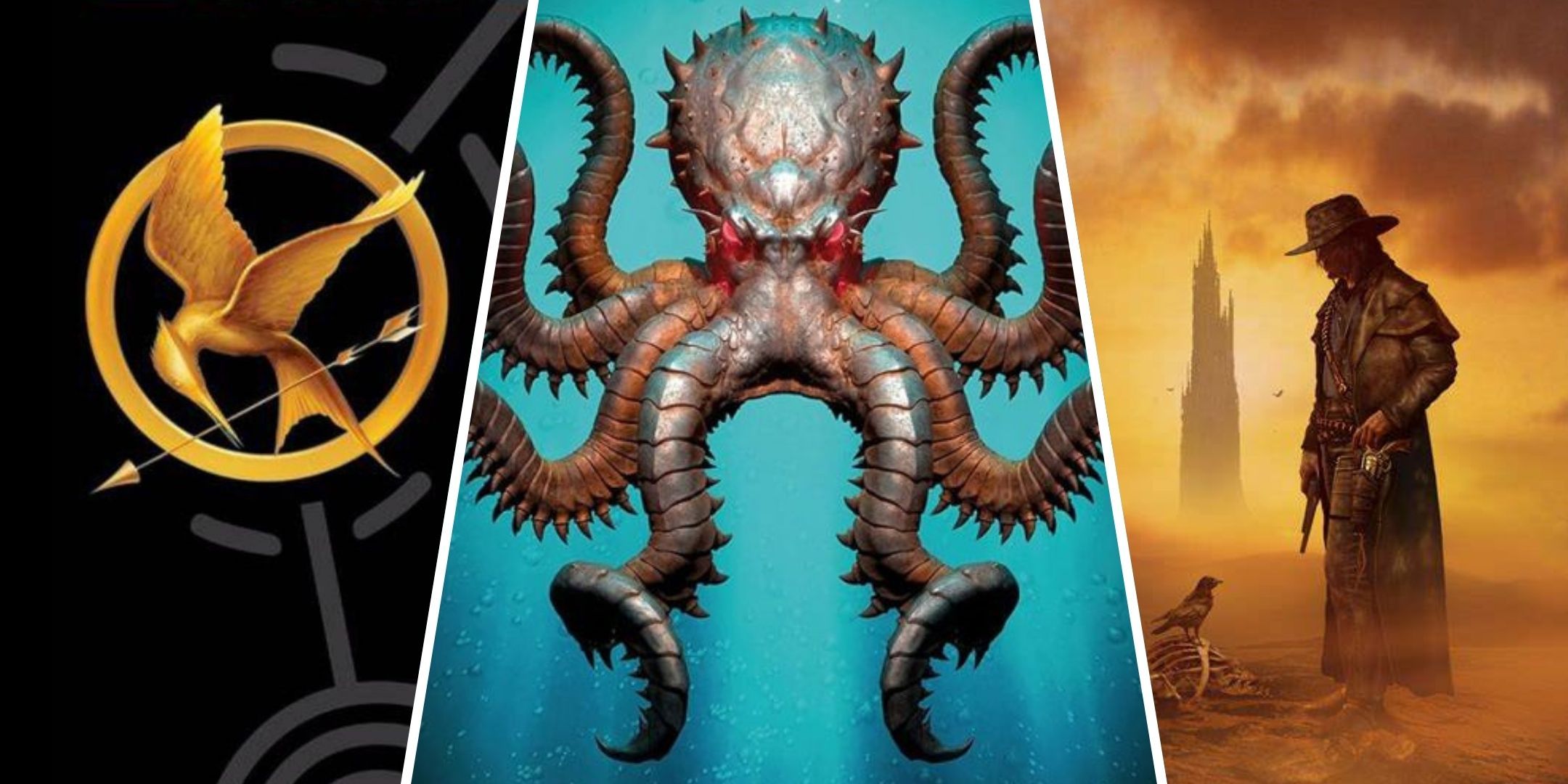 A Mockingjay pin sits on a black background on the left, a Gunslinger stands in a desolate wasteland on the right, and a red-eyed octopus looks at us in the ocean in the center.