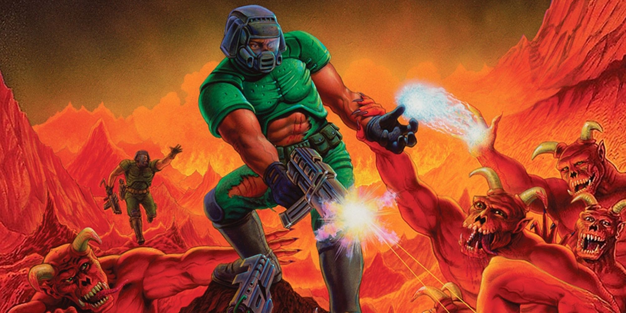 Doom 1993 poster showing our masked protagonist aiming a gun at demons surrounding him.