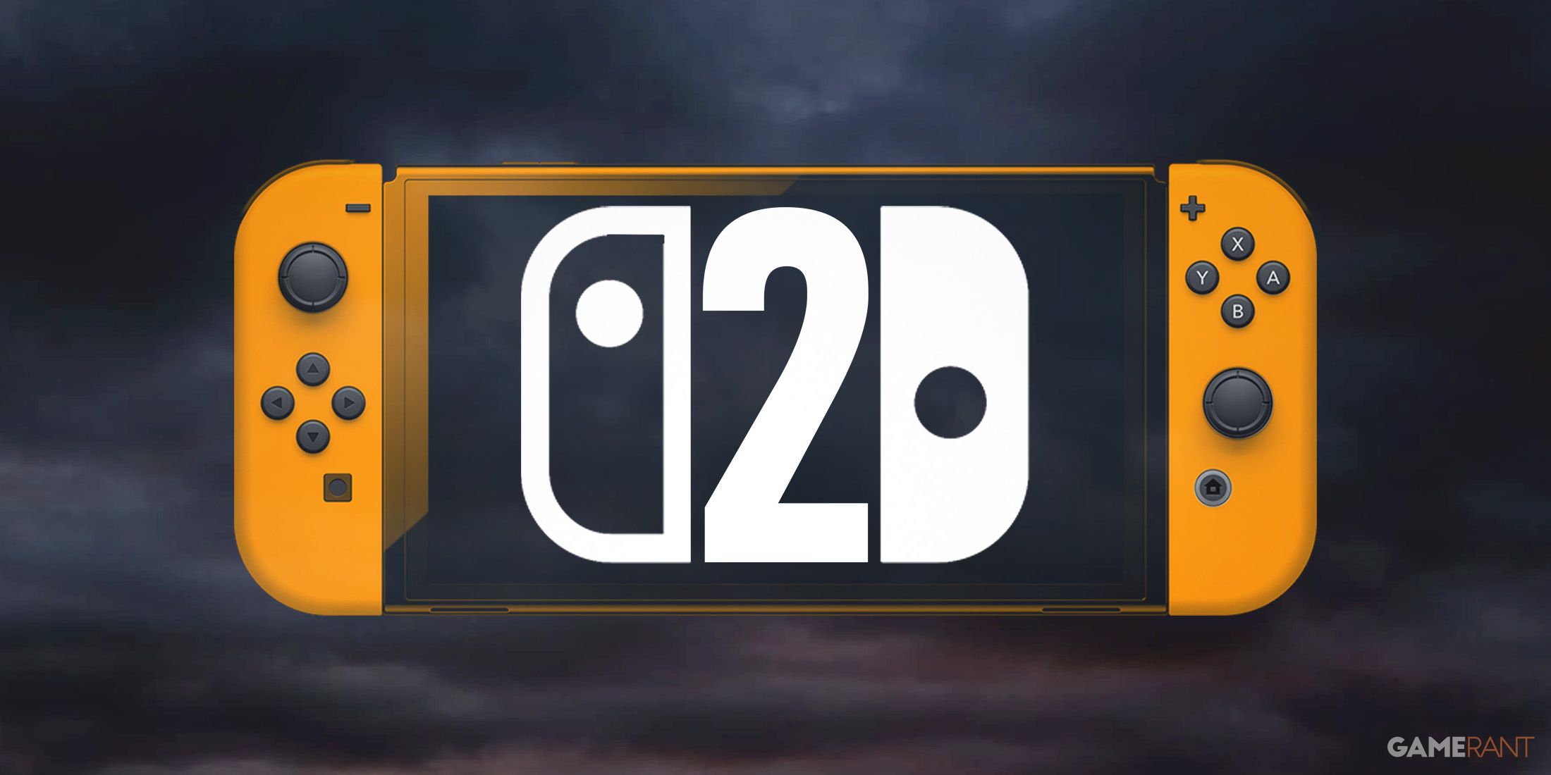 Nintendo Switch 2 bright orange mockup design in front of dark cloudy sky