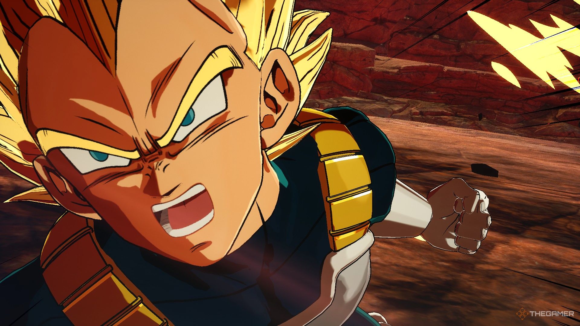 Dragon Ball Sparking Zero image showing Vegeta as a Super Saiyan about to punch.