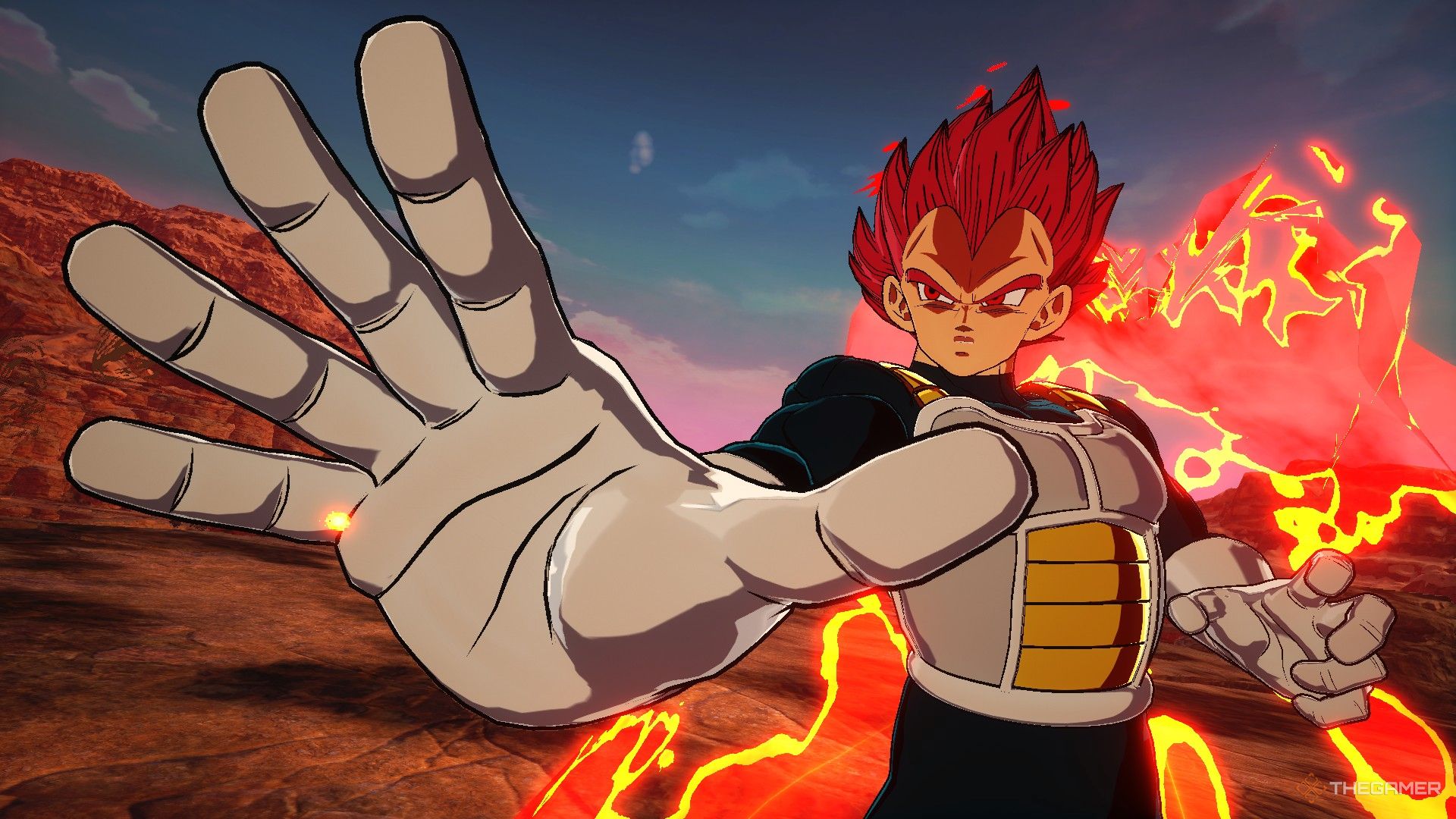 Dragon Ball Sparking Zero image showing Vegeta as a super saiyan god about to attack.