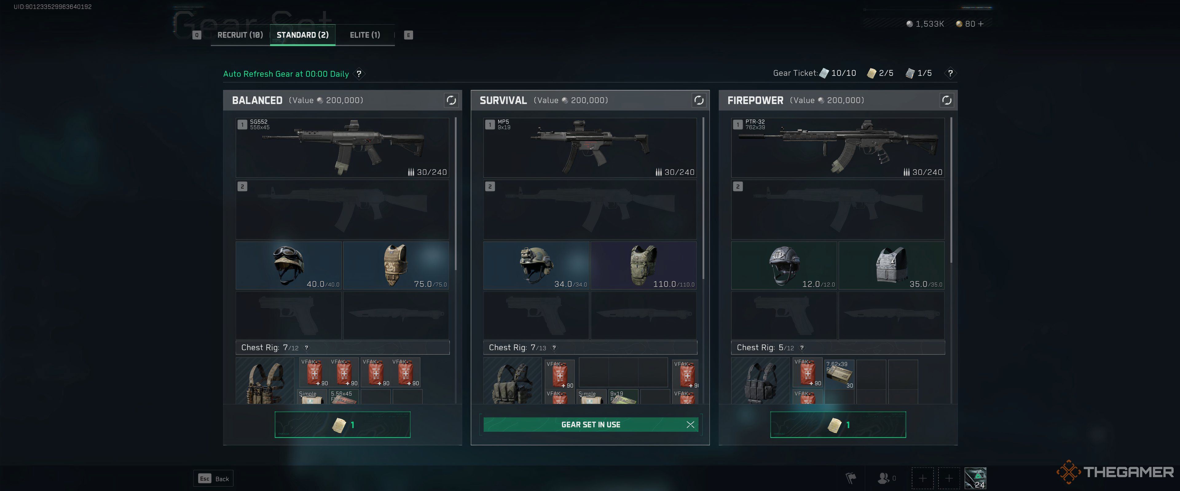 The Gear set menu in Delta Force.