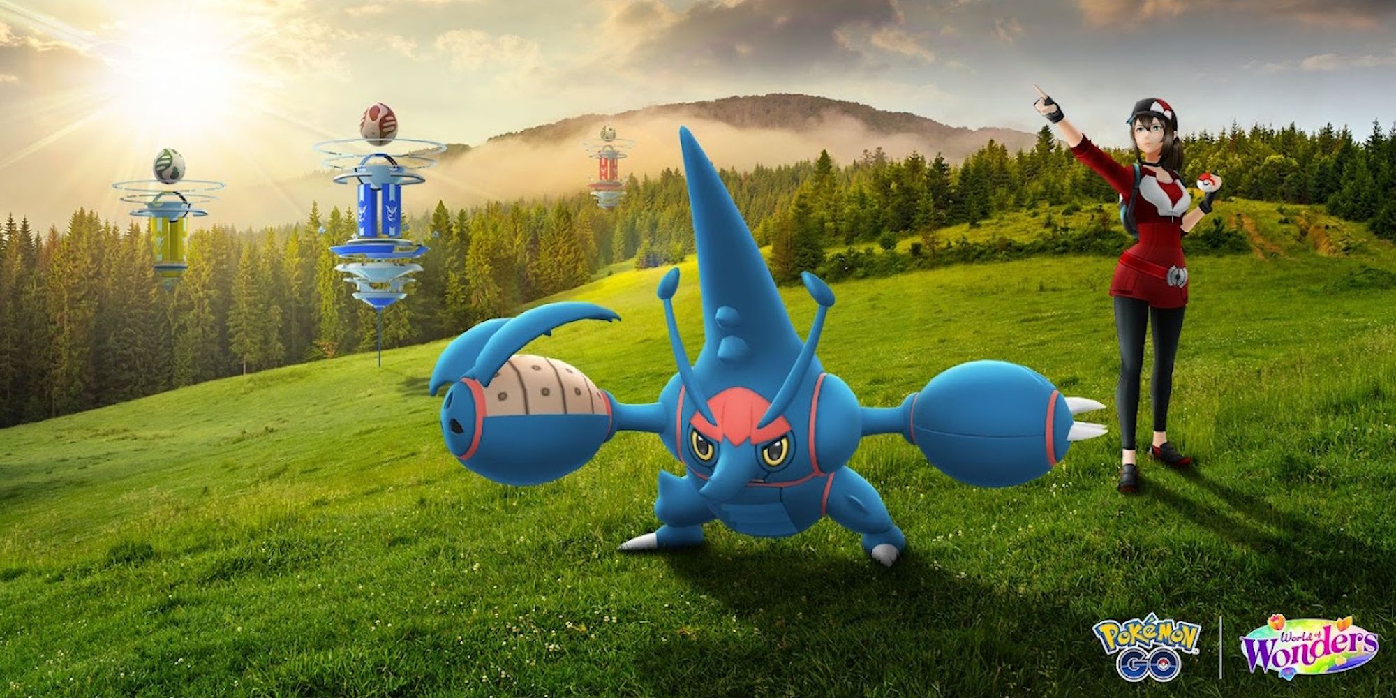 Mega Heracross next to a Pokemon Go Trainer with three Mega Raids in the background