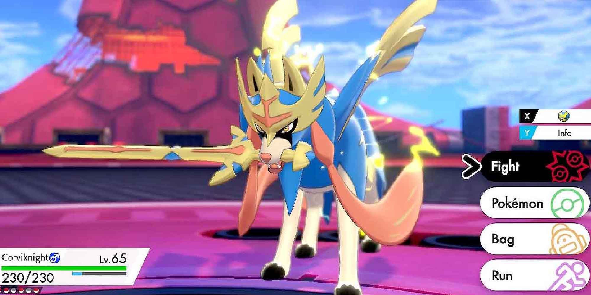 Zacian, one of the legendary Pokemon in Sword and Shield, battles.