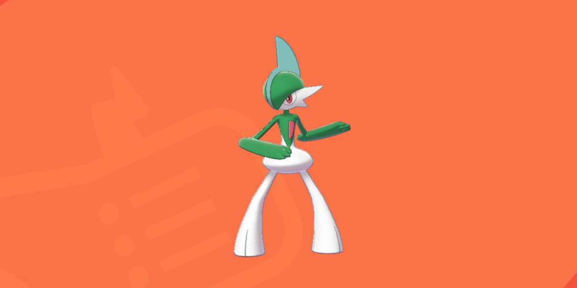 Gallade standing in front of an orange background in Pokemon.