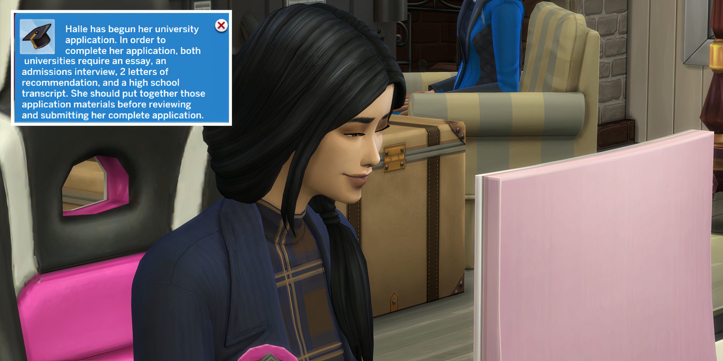 A Sim at the computer completing the college admissions process with the University Application Overhaul mod