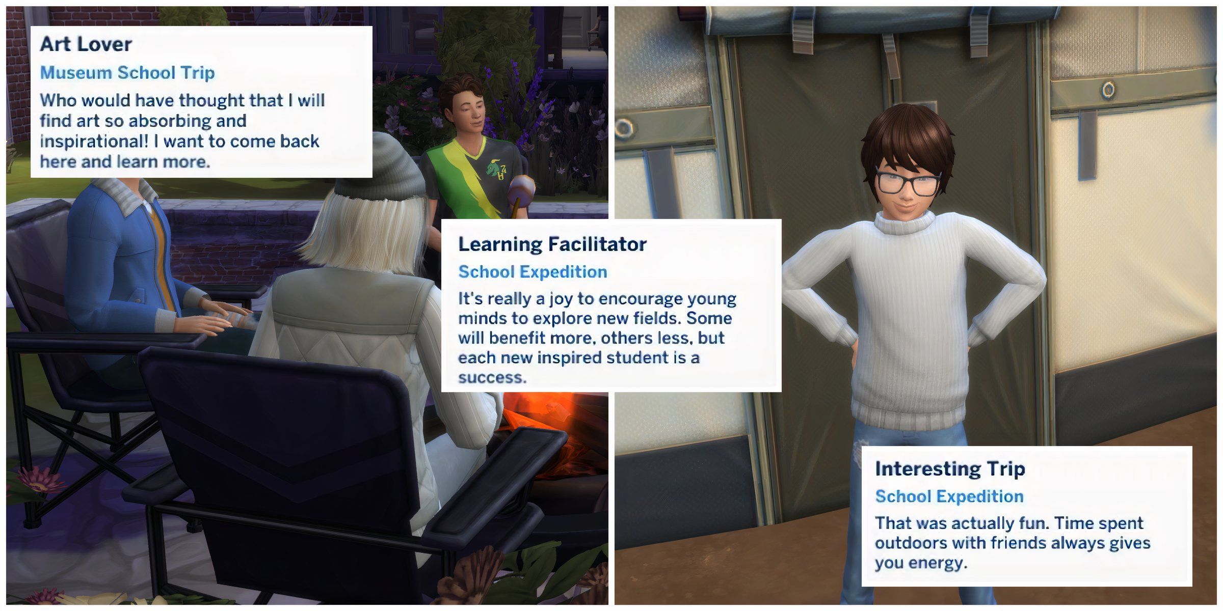 Child and teen Sims outdoors on a School Trip and three moodlets that Sims can get from the event interactions