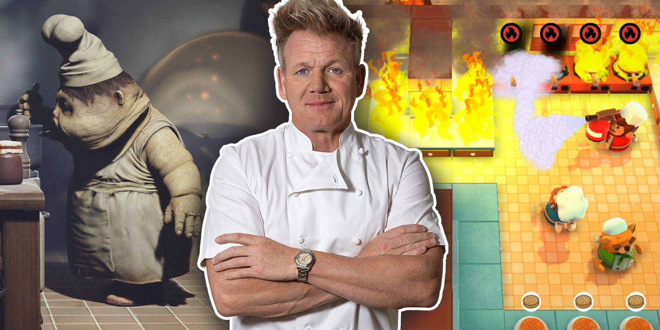 Gordon Ramsay stands confidently in front of a split image featuring a large monster chef in a grungy kitchen on the left, and a fire being fought via fire extinguisher in Overcooked on the right.