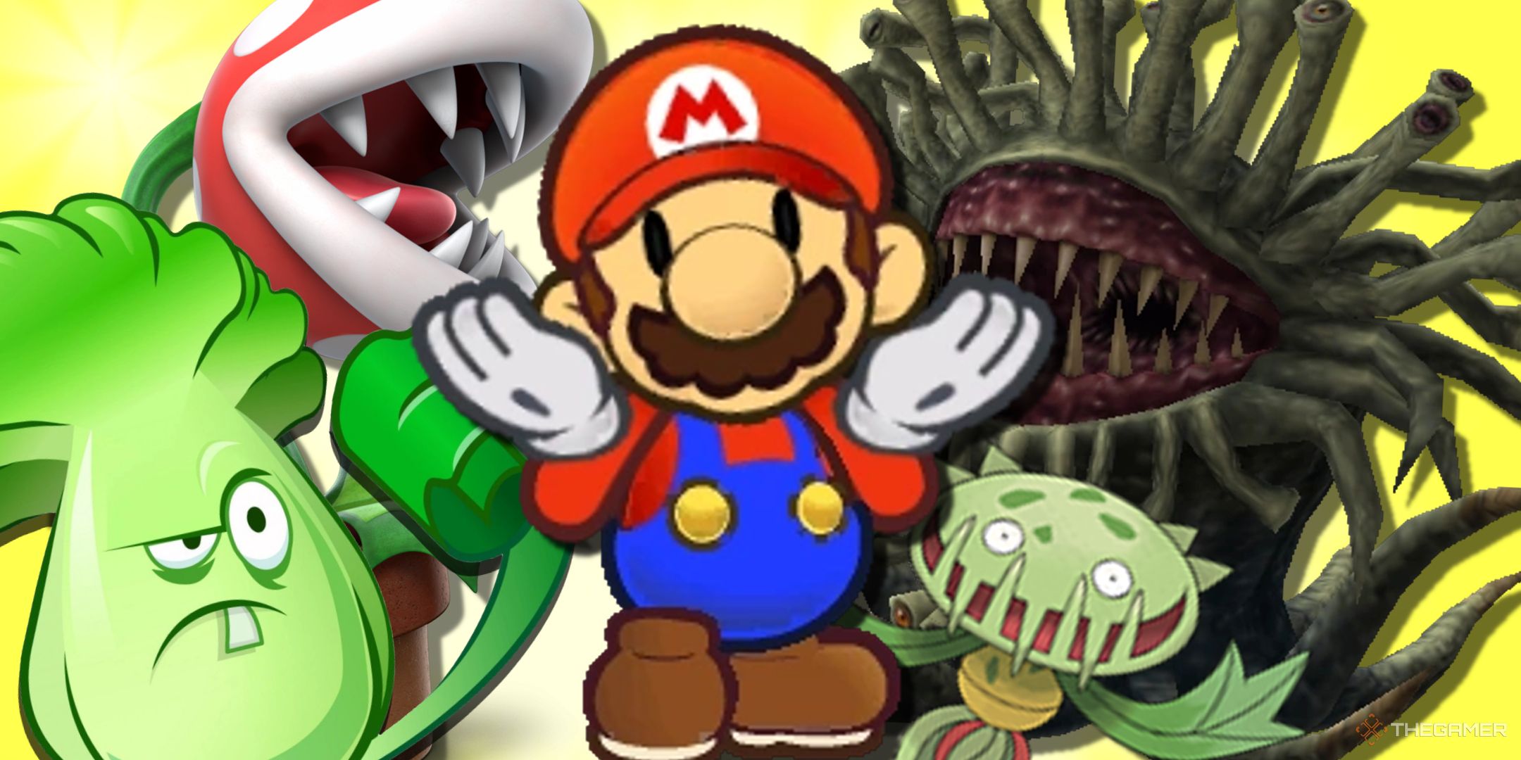 Paper Mario shrugs, surrounded by a group of dangerous looking plants from games like Plants Vs. Zombies, Super Mario Bros., Final Fantasy, and Pokemon, all above a bright yellow background.