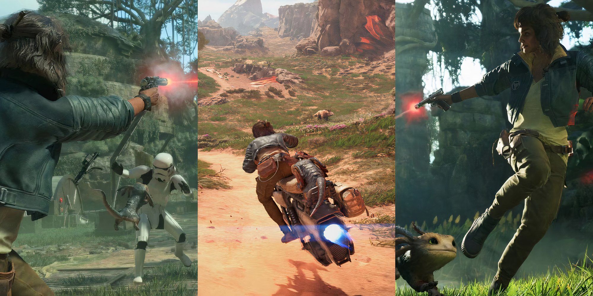 Feature image with kay fighting stormtroopers on left and right and riding a speeder in the centre