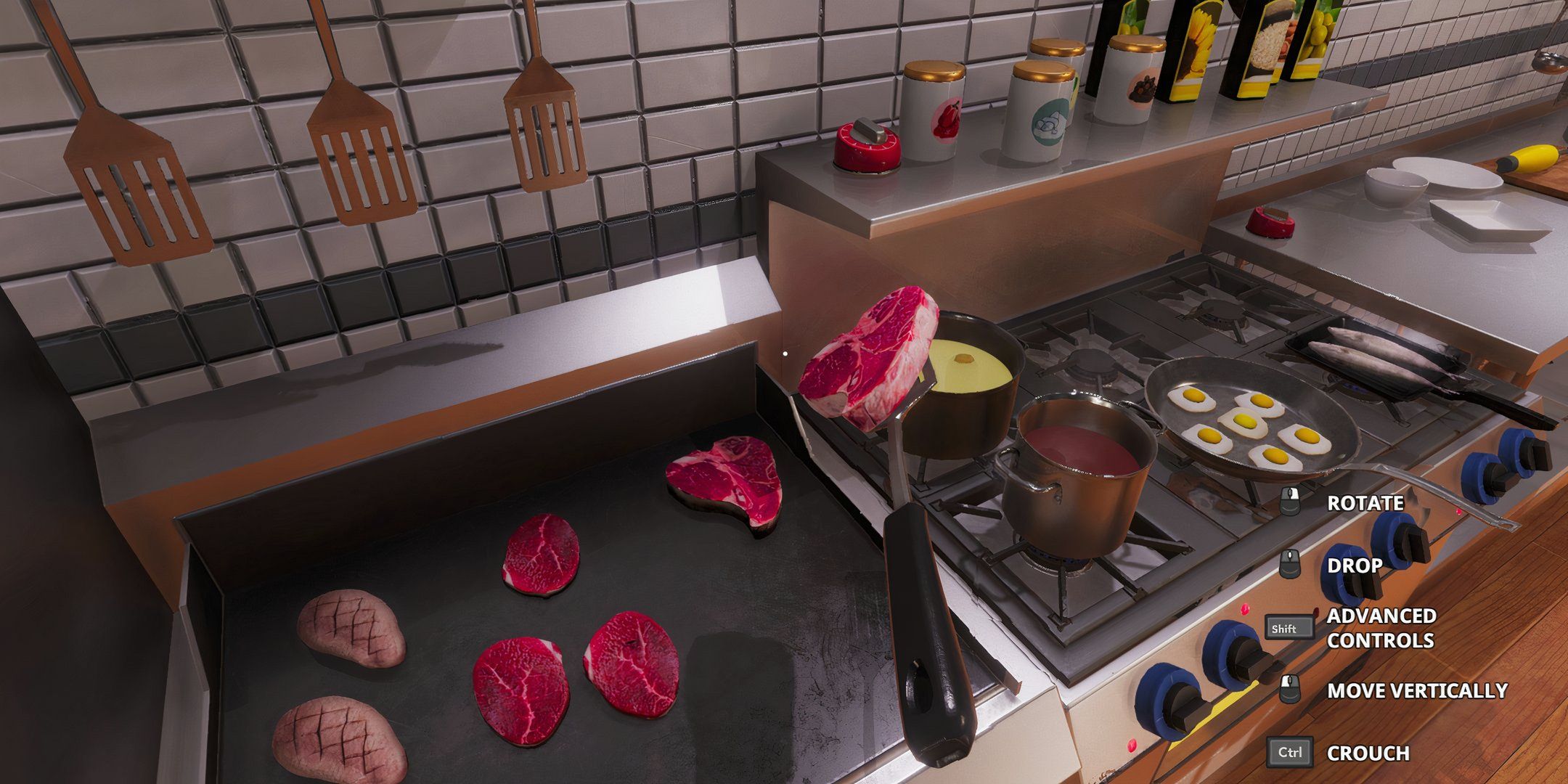 Flipping meat on a stove in Cooking Simulator.