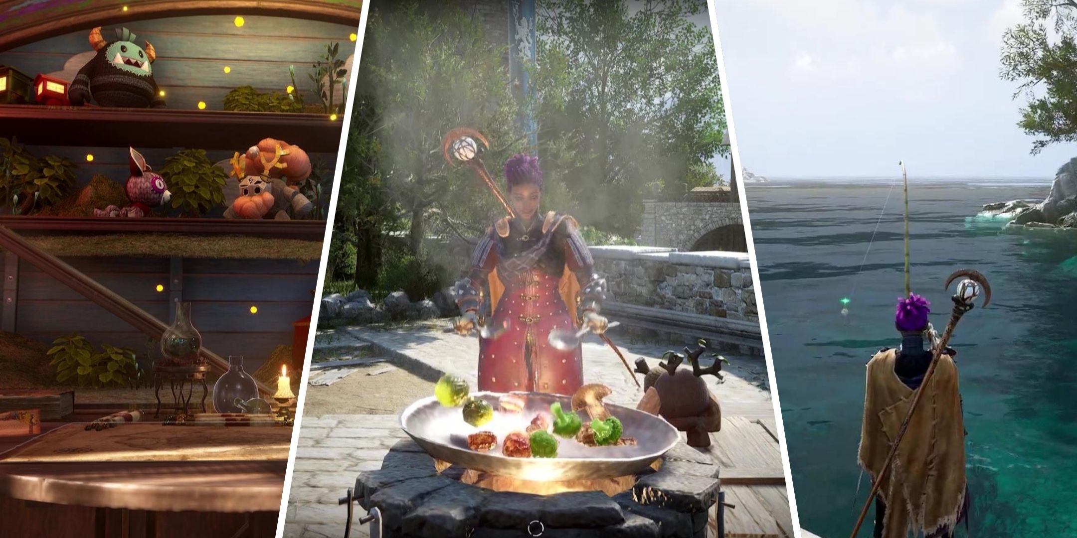 A character cooks a delicious dish in the center, the same character fishes on the right, and the Amitoi map in the Amitoi house looks cozy on the left.