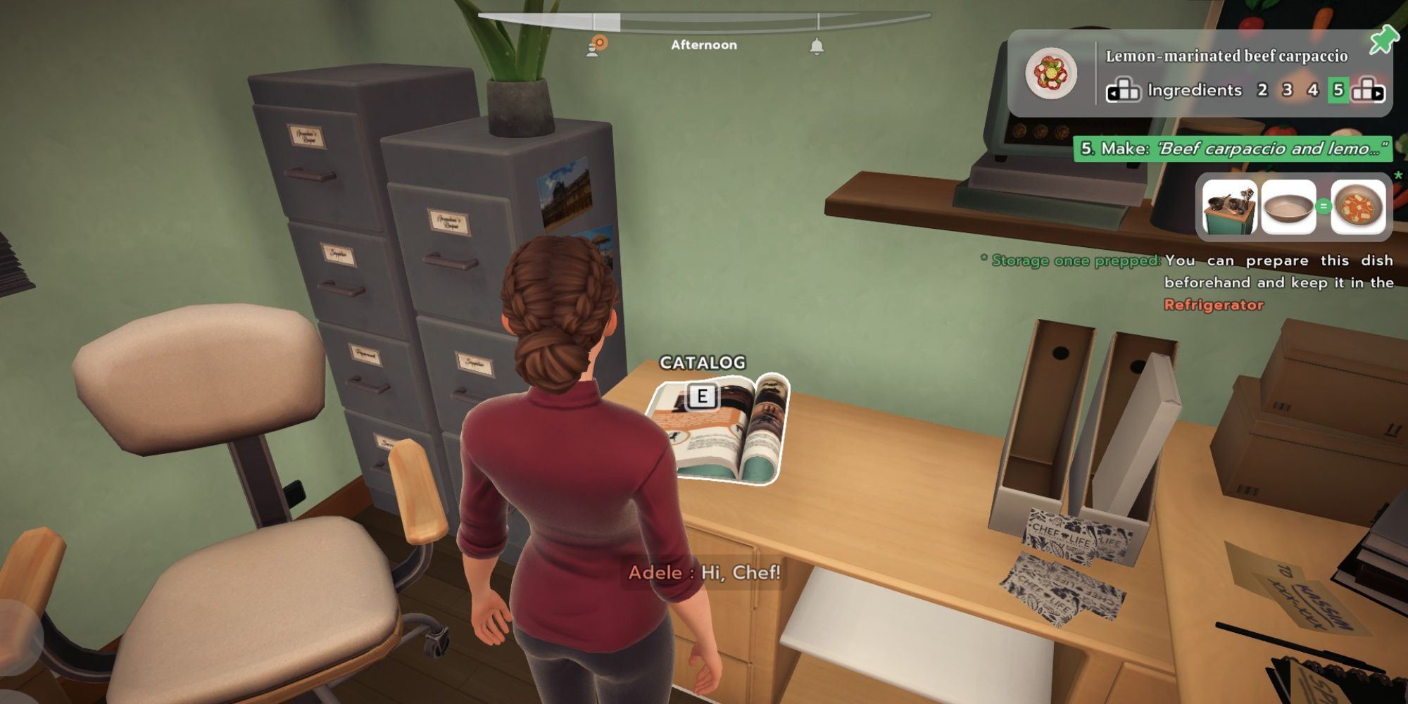 player accessing catalog book in office in Chef Life: Restaurant Simulator.