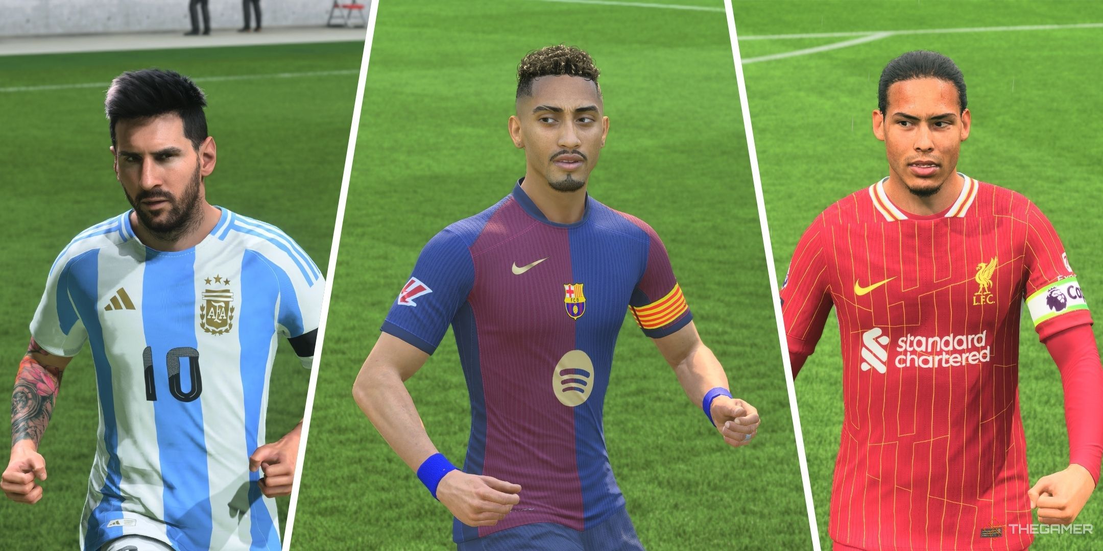 A split image of Lionel Messi, Raphina, and Virgil van Dijk in EA Sports FC 25.