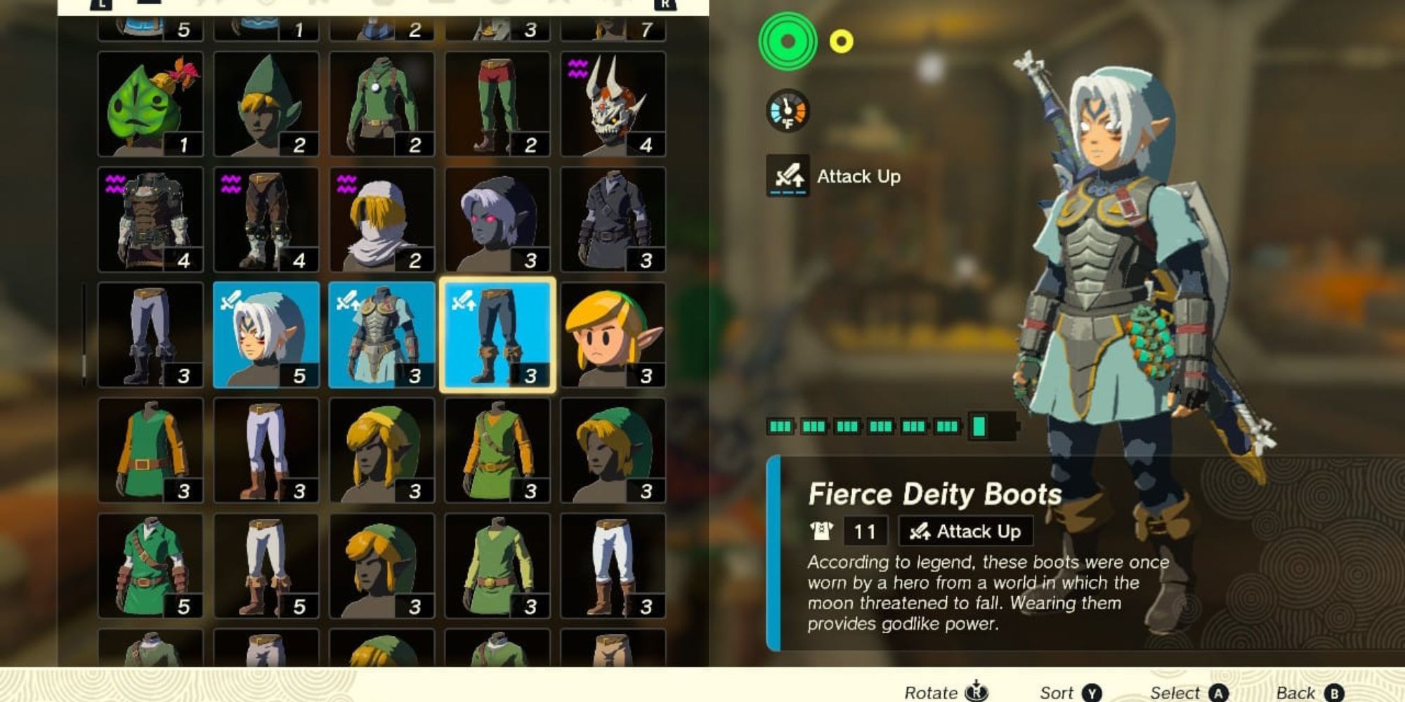 Link trying out the Fierce Deity Armor Set in The Legend of Zelda: Tears of the Kingdom