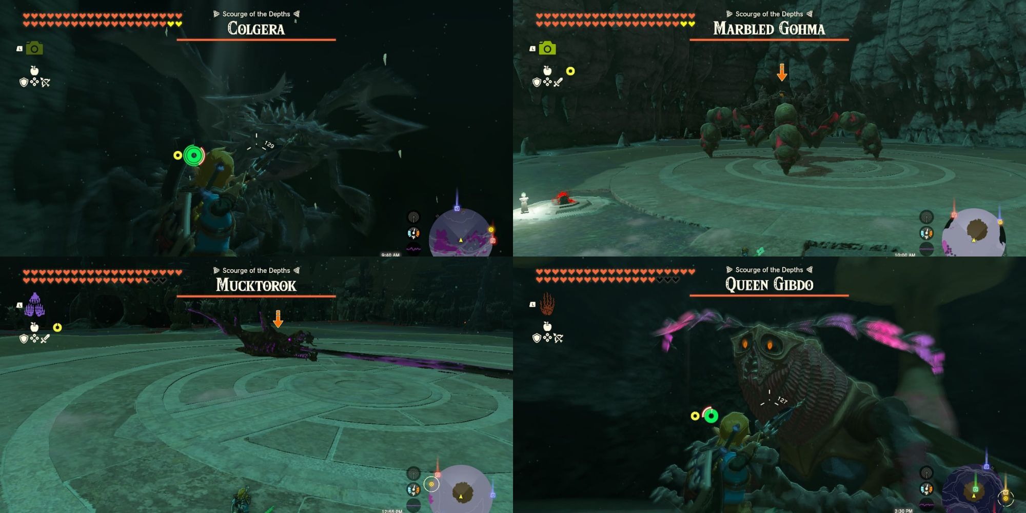 Link fighting Colgera, Marbled Gohma, Mucktorok and Queen Gibdo in the Depths in The Legend of Zelda: Tears of the Kingdom