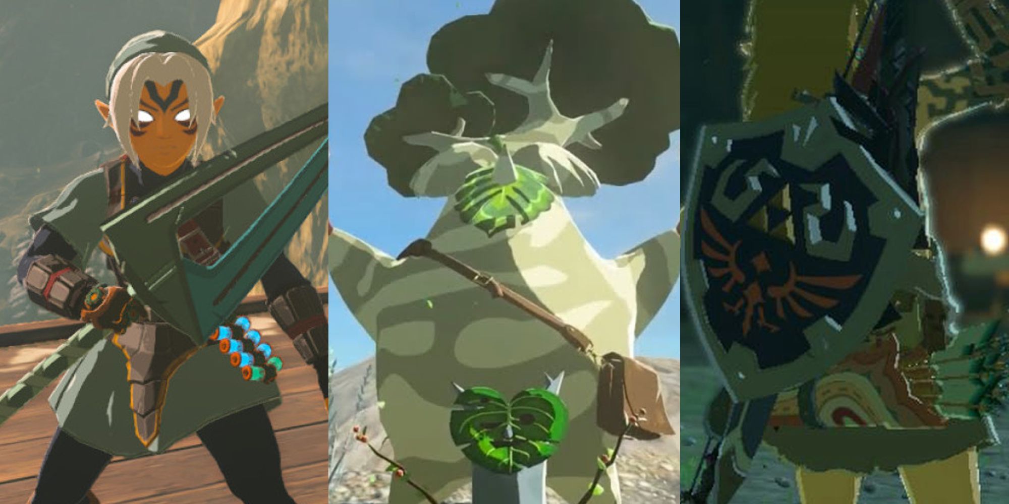 Link wearing full Fierce Deity armor; Hestu mid-dance; Link with the Hylian Shield equipped