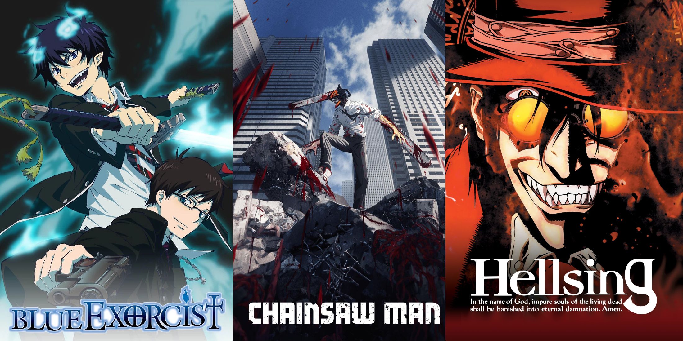 Best Anime Where The Hero Is A Monster split image, Blue Exorcist, Chainsaw Man, Hellsing