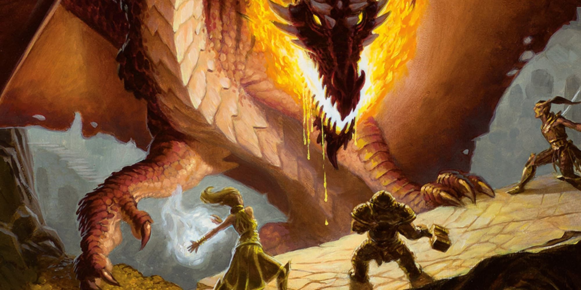 A group of D&D adventurers fighting a dragon which is about to breathe fire.