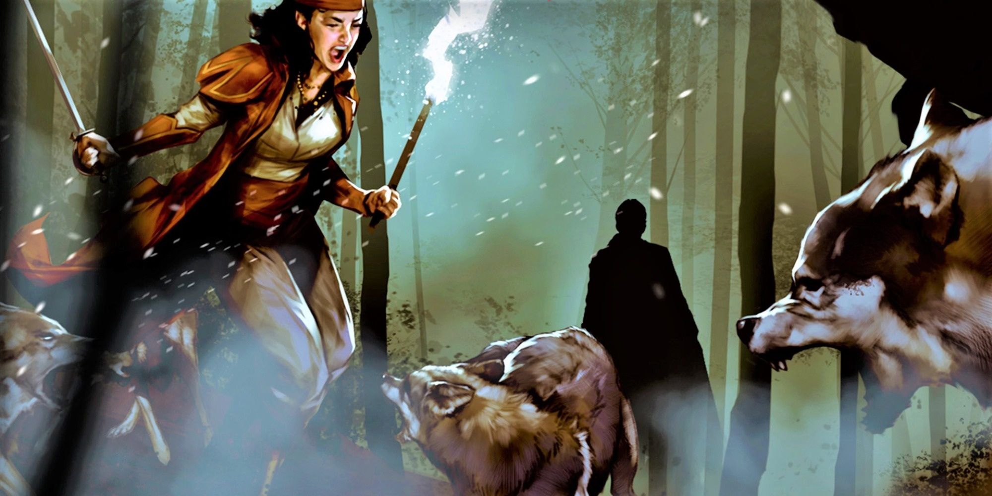 A human fighter fighting wolves in sparse woods from Dungeons & Dragons.