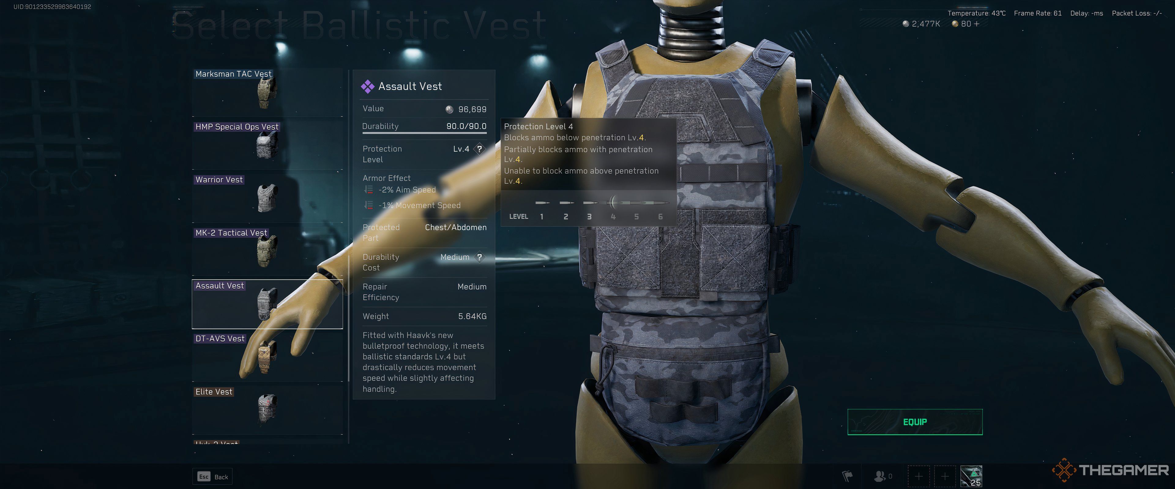 The armor penetration stat screen in Delta Force.