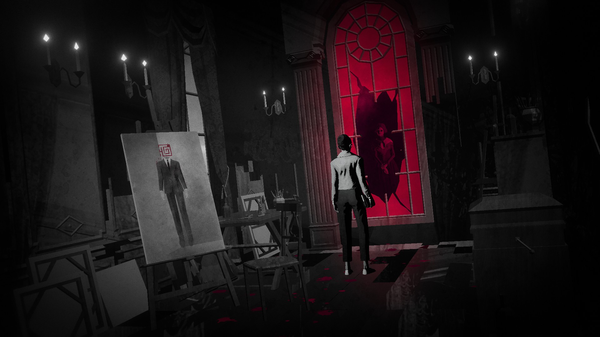 Looking at a smashed neon red window next to a mysterious painting in Lorelei and the Laser Eyes