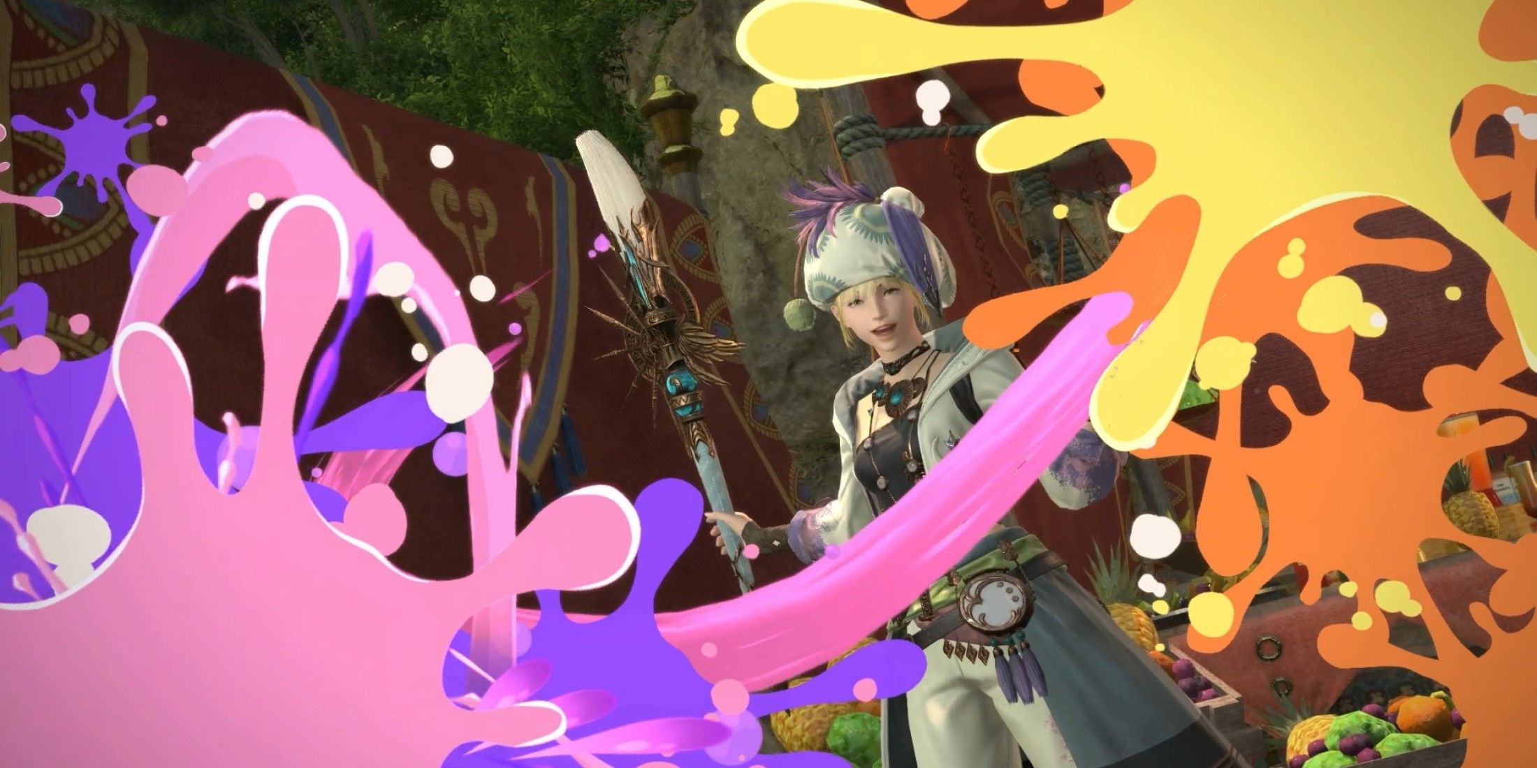 A Hyur midlander Pictomancer from Final Fantasy 14: Dawntrail, splashing pink, purple, orange, and yellow paint at the camera.