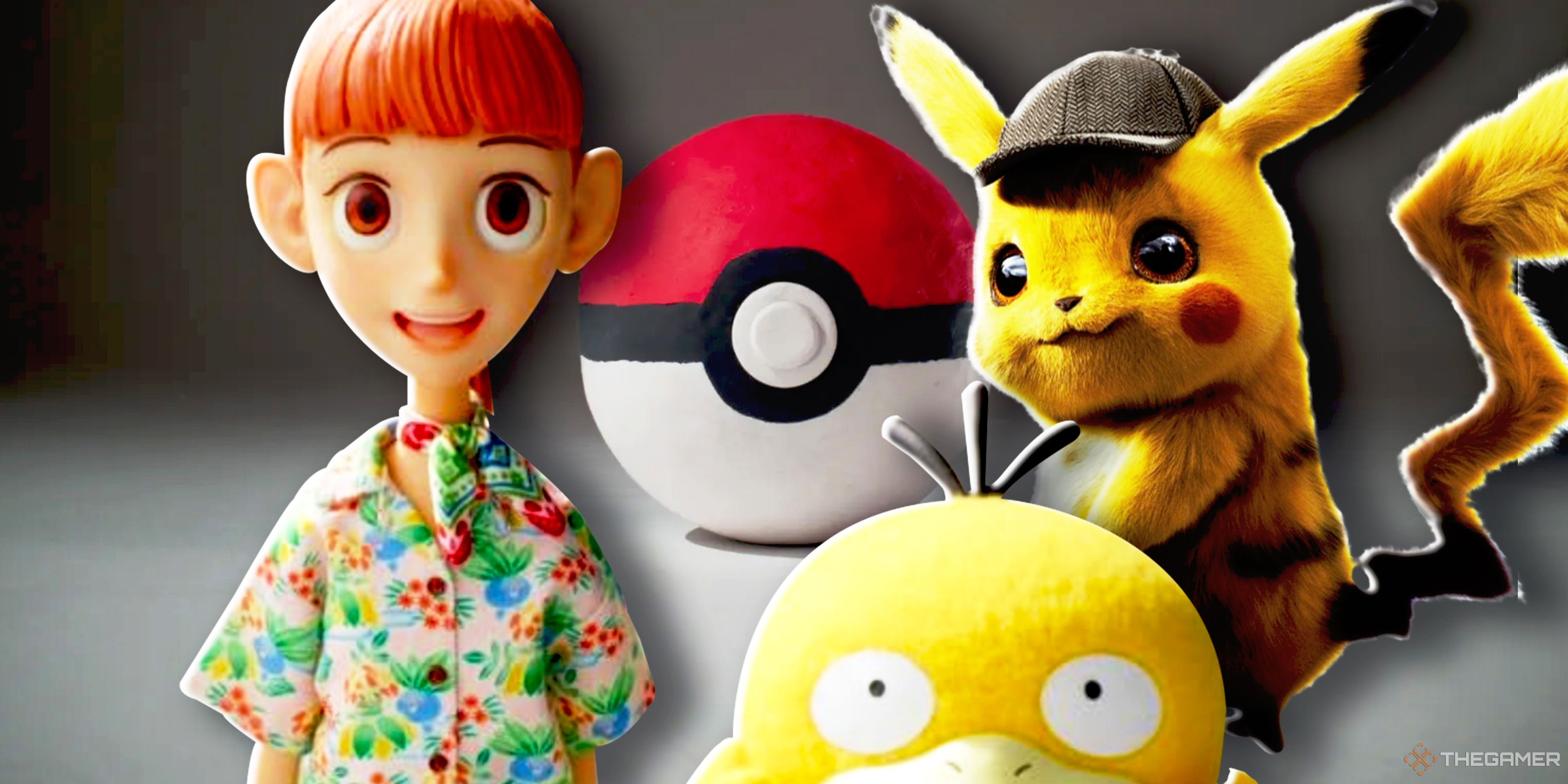 Haru and Psyduck from Pokemon Concierge with Detective Pikachu and a Poke ball in the background.