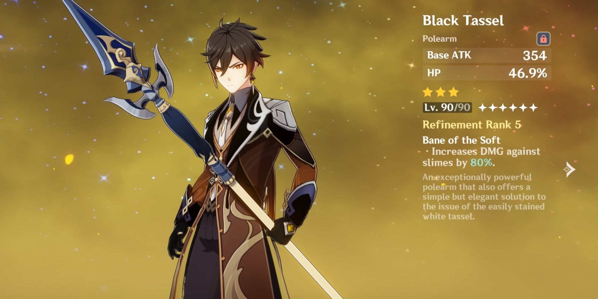 An image of Zhongli holding the Black Tassel in Genshin Impact, and the stats of the weapon. 