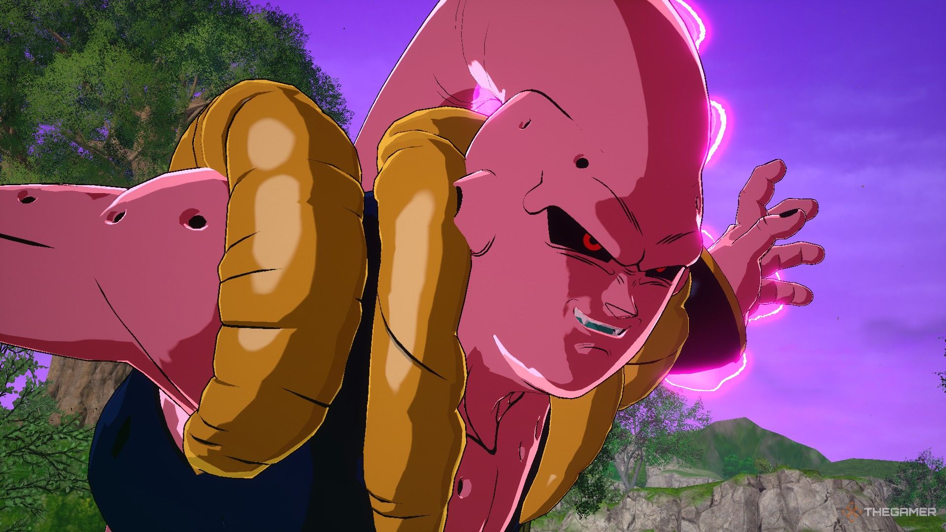 Dragon Ball Sparking Zero image showing Super Buu with Gotenks absorbed preping an attack.