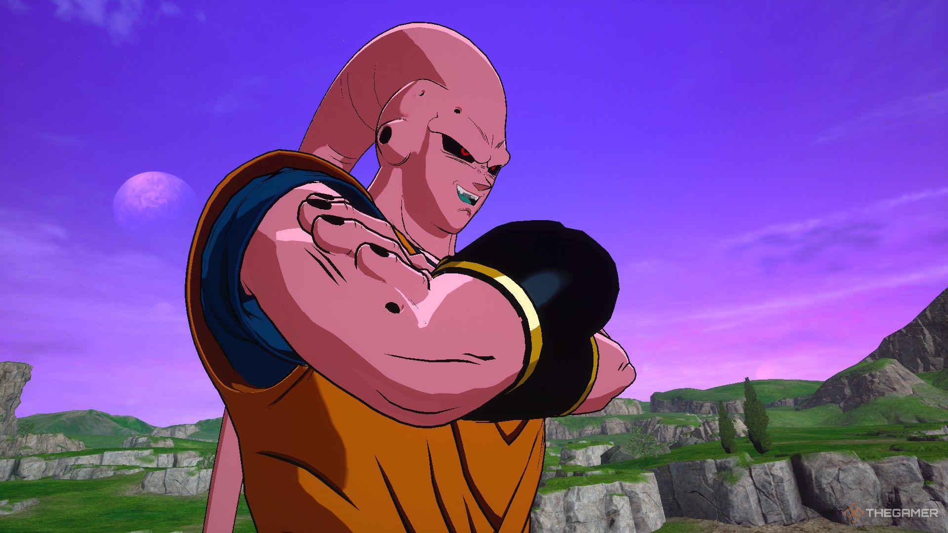 Dragon Ball Sparking Zero image showing Super Buu with Gohan absorbed crossing his arms.