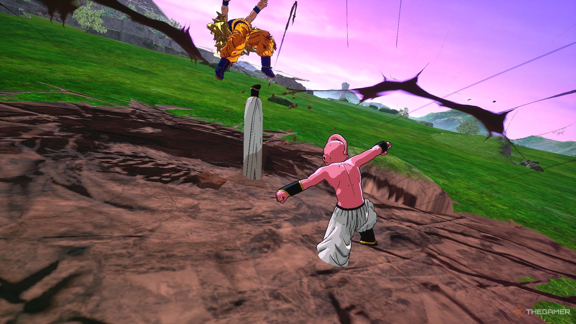 Dragon Ball Sparking Zero image showing Kid Buu fighting Goku.