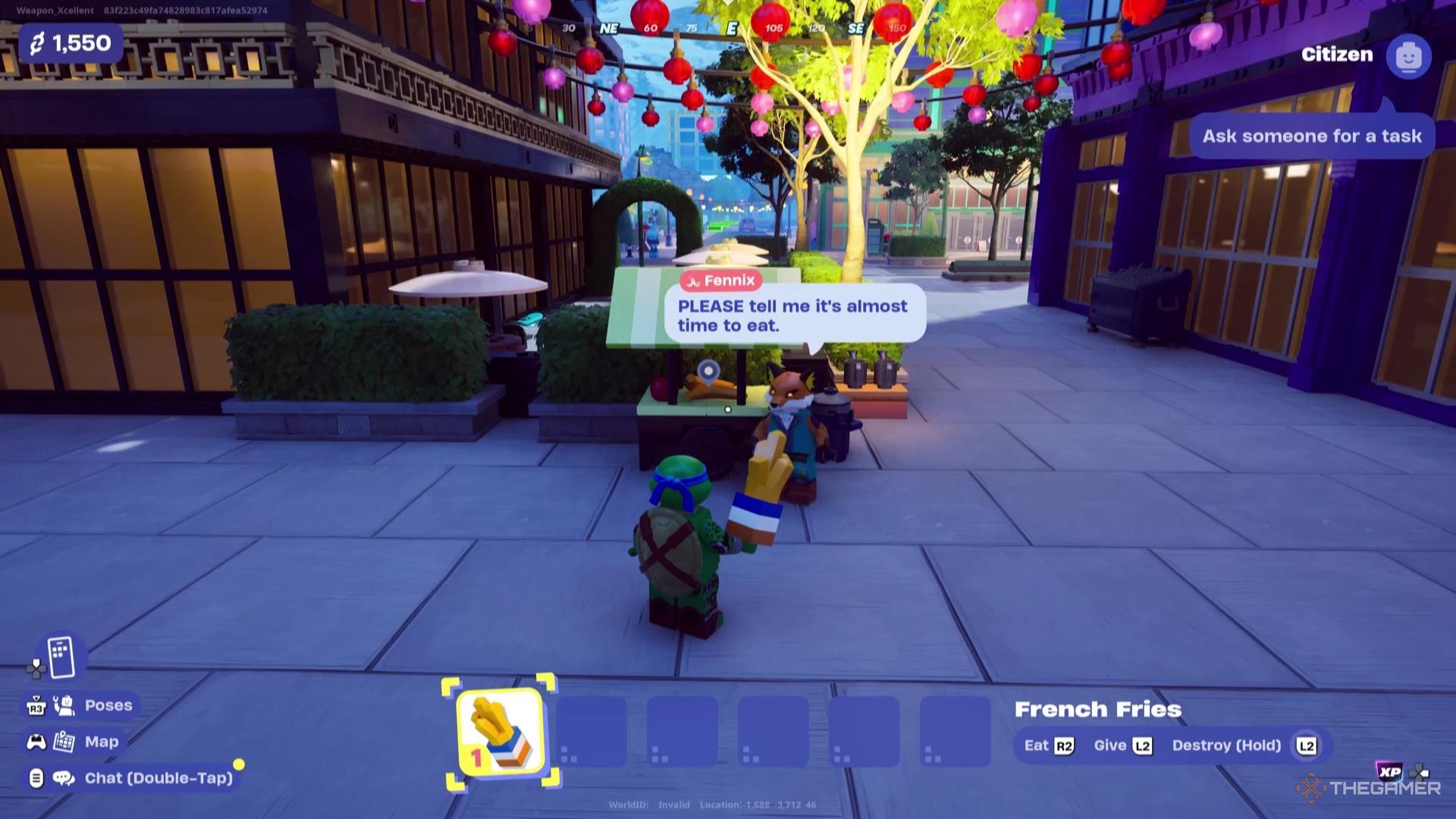 Leonardo gives an NPC some french fries in Lego Fortnite Brick Life.