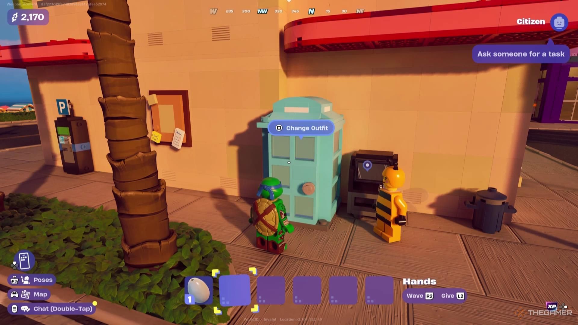 Leonardo stands in front of a blue phone booth in Lego Fortnite Brick Life.