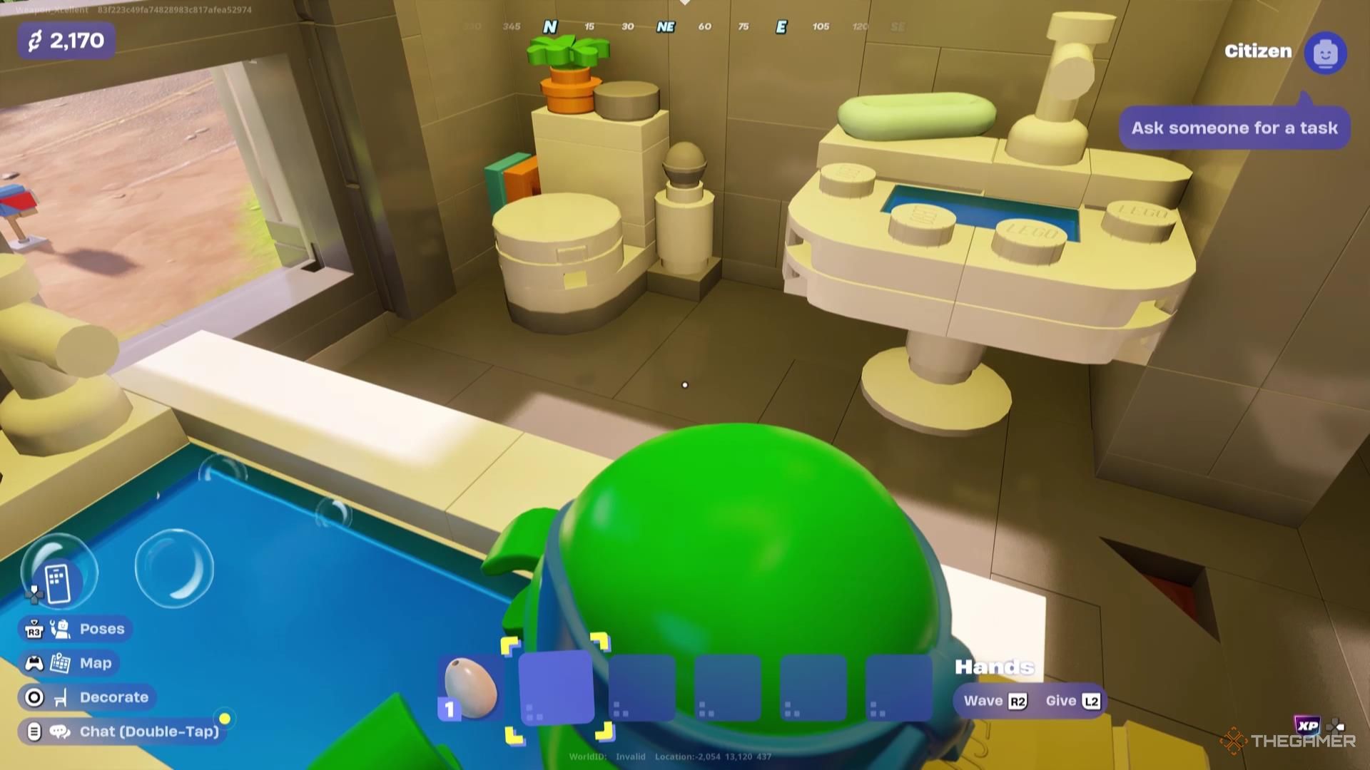 Leonardo relaxes in his bathtub in his fully-decorated home in Lego Fortnite Brick Life.