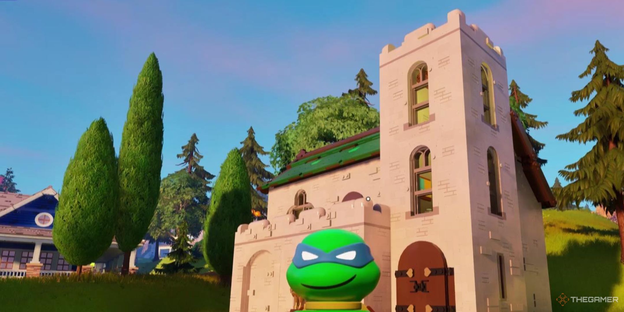 Leonardo stands in front of his home in Lego Fortnite Brick Life.