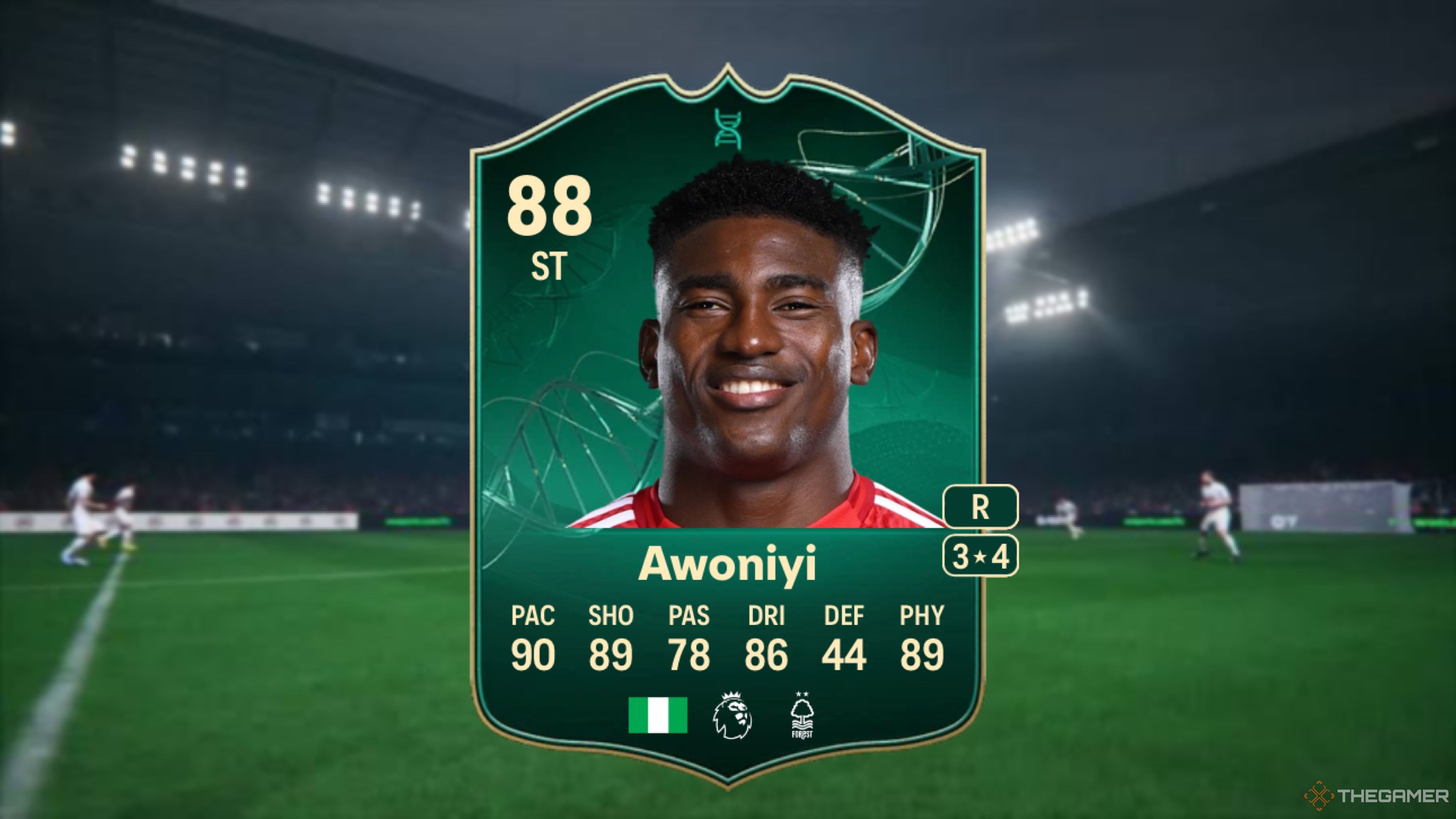 Image showing Awoniyi card against a faded stadium background.